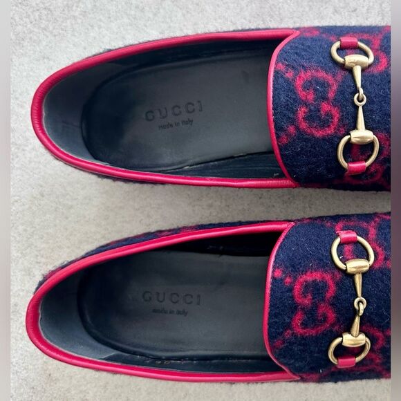 GUCCI Jordaan GG Monogram Horsebit Wool Flat Loafers Navy Blue & Red EU 37 US 7 - Picture 6 of 10